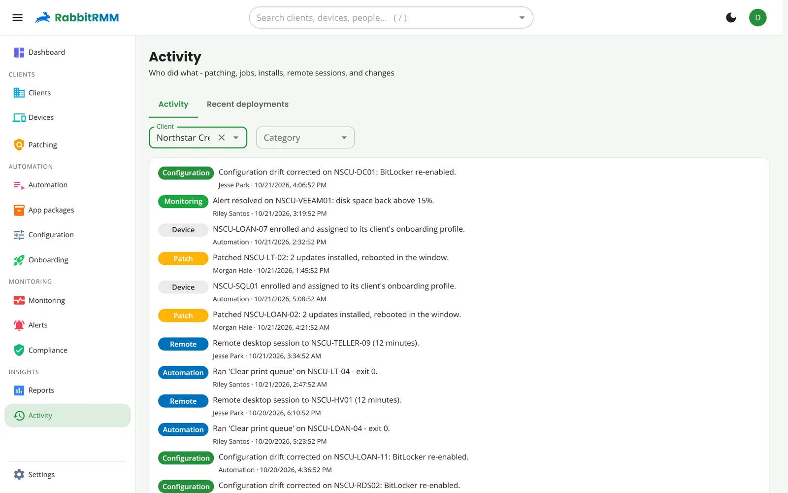 The activity log for one client: configuration drift corrected, alerts resolved, patches and remote sessions, each with who did it.