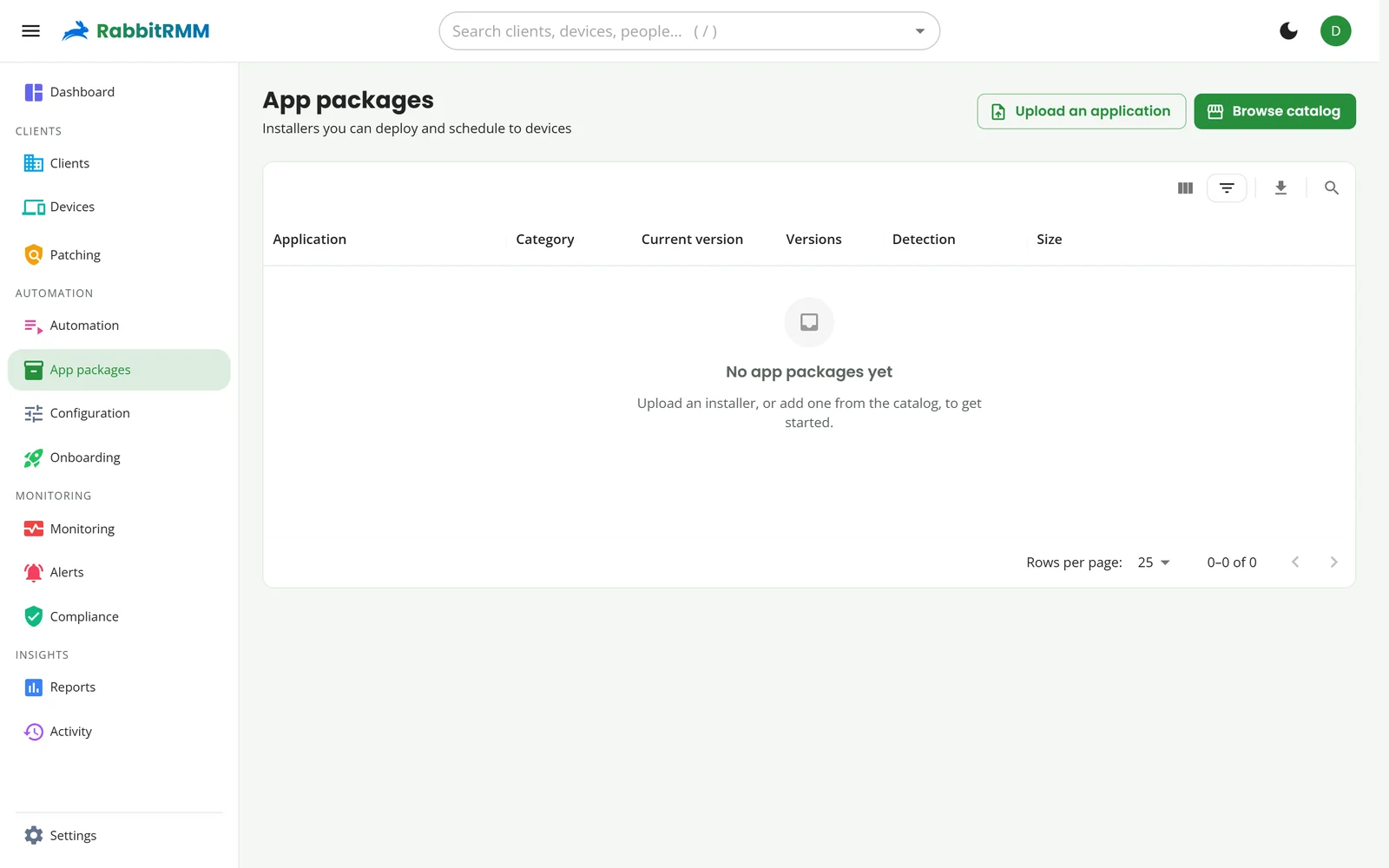 App packages from the catalog, each with its current version, versions history and Deploy button.