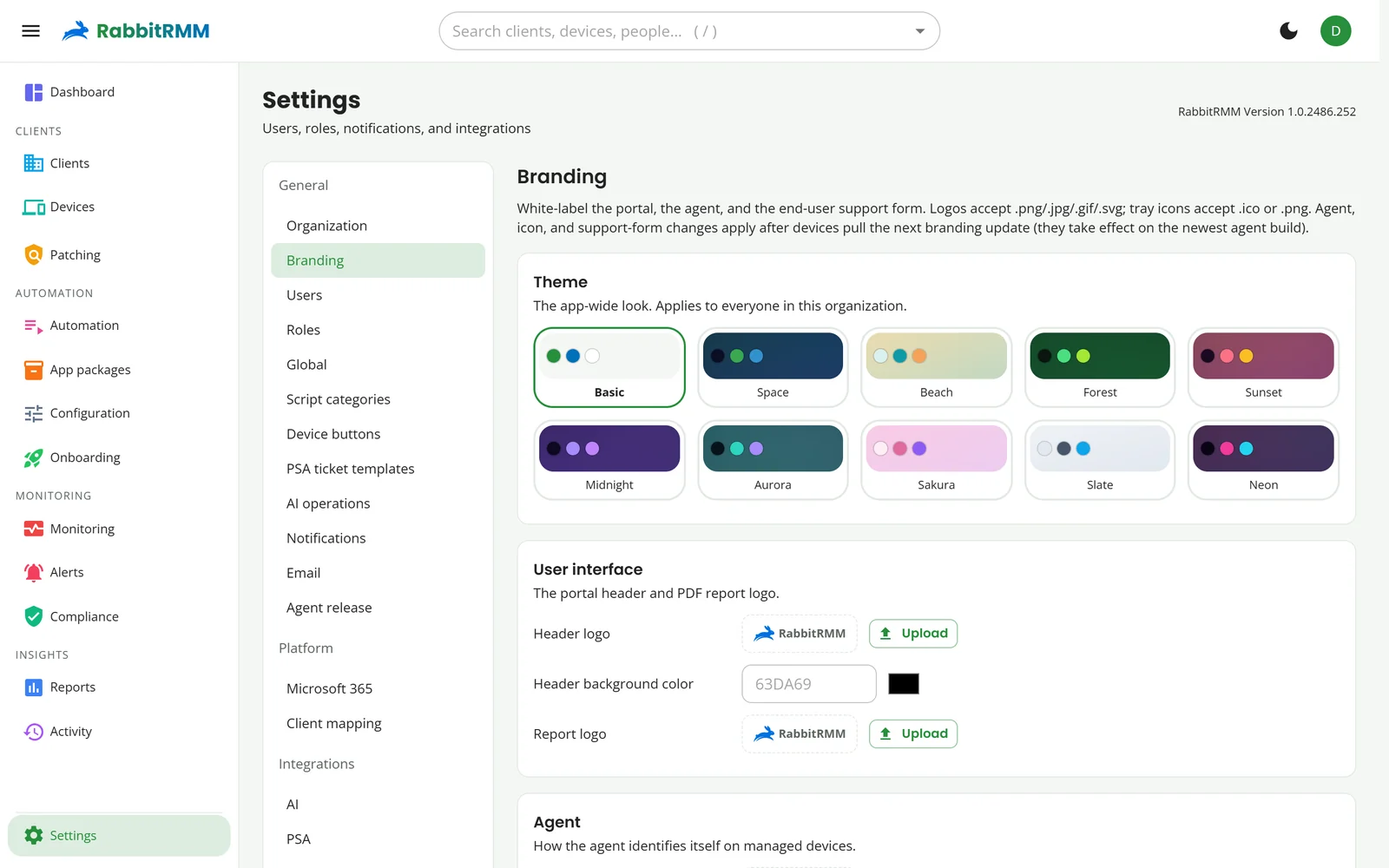 Branding settings: ten portal themes, the header logo and colour, and the report logo.