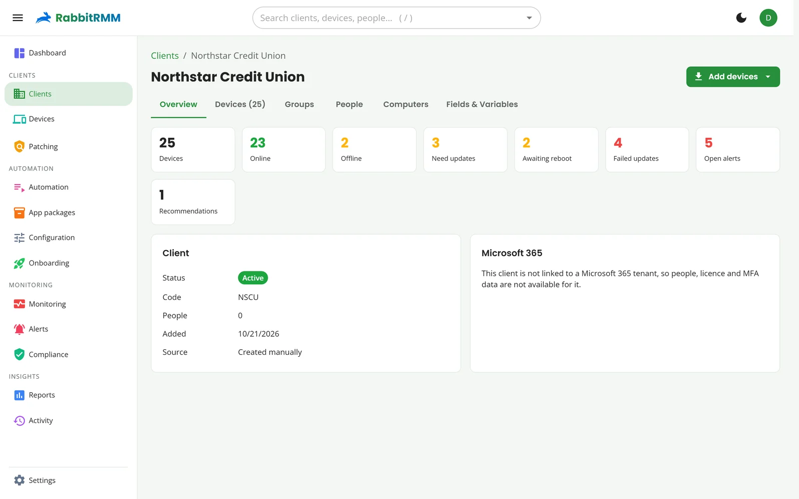 A client's overview: device counts, online, offline, updates, reboots, failures and alerts.
