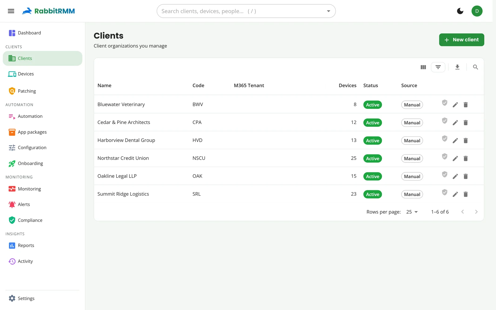 The Clients page listing six clients with their code, device count and status.