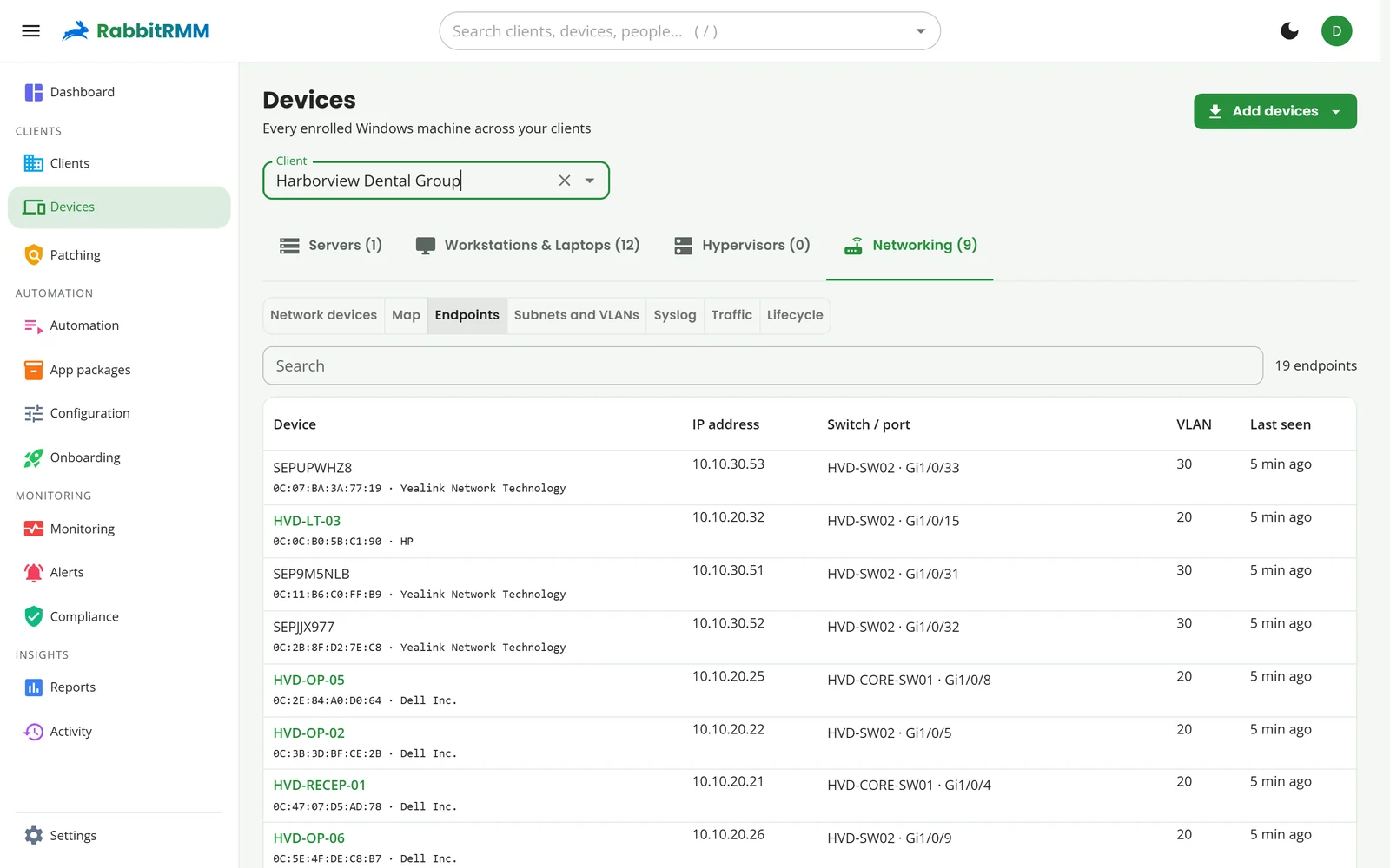 Endpoints at a dental group: each device's IP, switch and port, VLAN and when it was last seen.