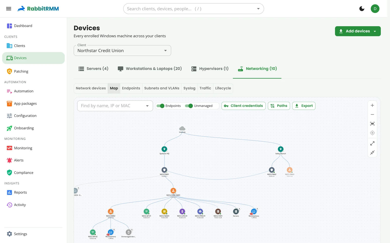 The network map for Northstar Credit Union: firewalls, core and access switches, access points, printer, UPS and NAS.