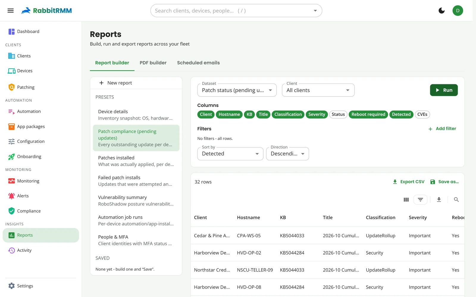 The report builder running Patch compliance across all clients.