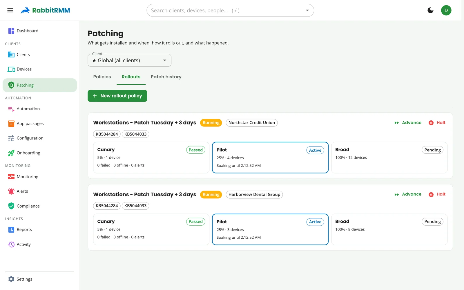 The Rollouts tab with two clients mid-rollout: canary passed, pilot soaking, broad pending.